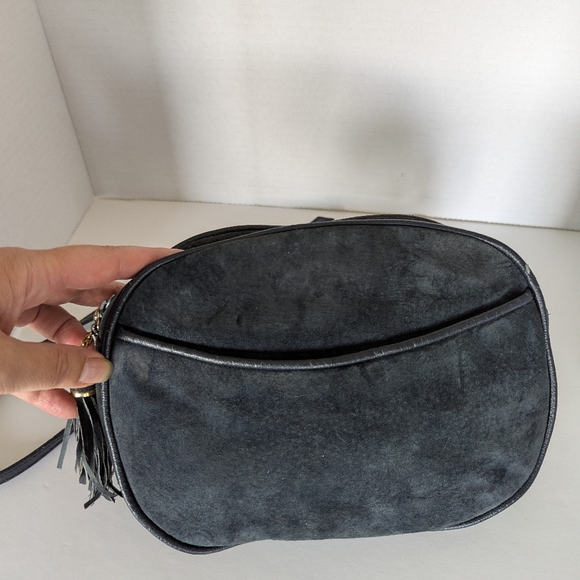 Navy Suede Purse Crossbody Bag with outside pocket with gold accents - Picture 9 of 9